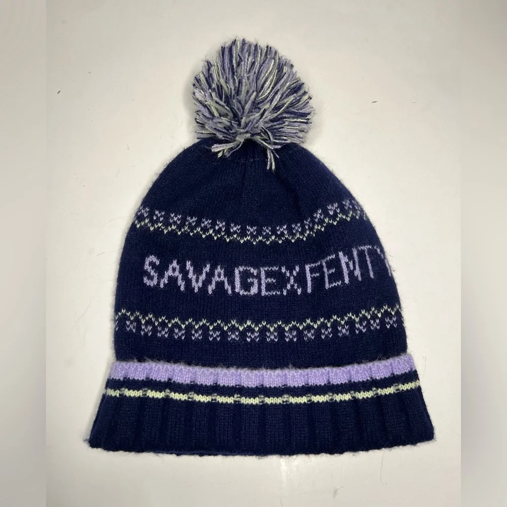 Savage X Fenty Frost Smitten Knit Beanie Navy Blue Multi One Size Unisex New